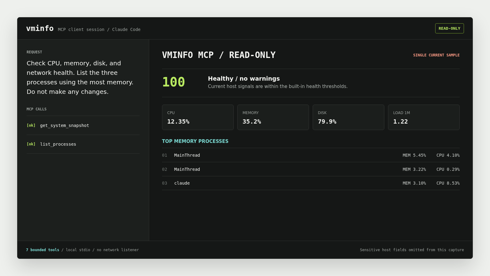 Claude Code using the vminfo MCP server to inspect host health